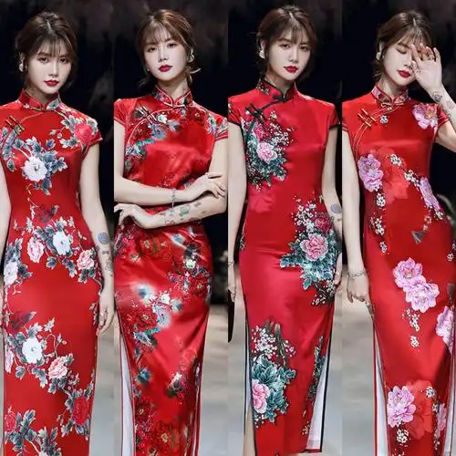 春夏新款旗袍复古修身时尚走秀日常改良长款红色新娘回娘家敬酒服