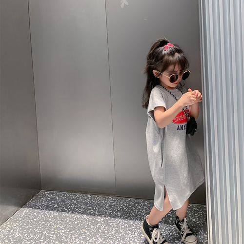 女宝宝露背连衣裙夏装女童网红洋气t恤裙中长款小女孩ins可爱裙子