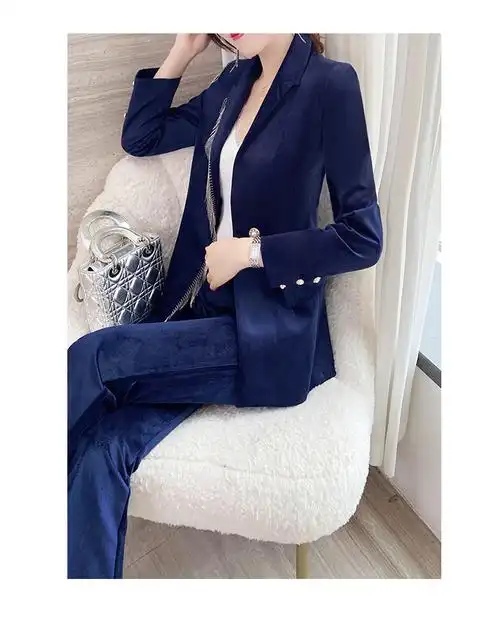 奢侈品牌caohck高端蓝色金丝绒西装套装女时尚韩版职业装阔腿裤两件套