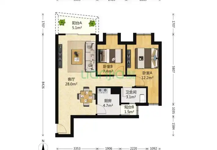 汇港名苑 2室1厅1卫 78㎡ 户型(深圳链家网)