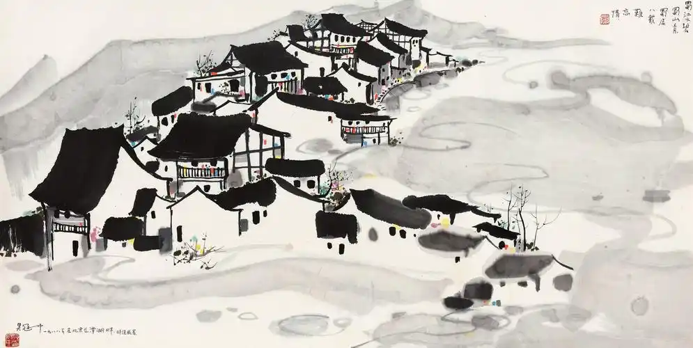 在吴冠中的山水画中,可以看到他在浓郁的墨色之中挥洒着富含饱满情感