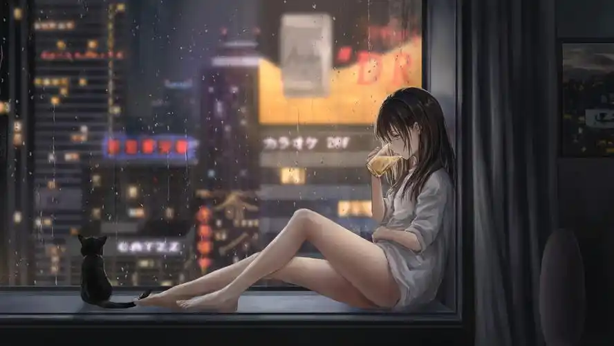 女孩喝啤酒 飘窗 城市夜景 雨天 è 好看唯美4k动漫壁纸_彼岸图网.jpg