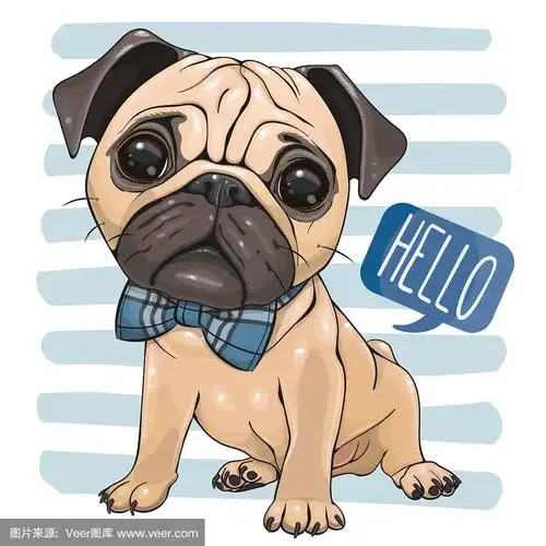 卡通哈巴狗与一个领结孤立在一个条纹背景