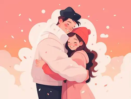 卡通扁平手绘情侣拥抱甜蜜互动人物插画