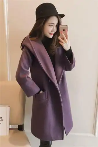 冬装新款韩版女装连帽纯色夹棉毛呢大衣