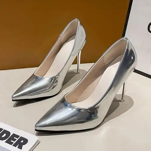 2024年欧美风金属跟超高跟亮面漆皮浅口尖头性感夜店显瘦高跟单鞋