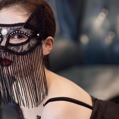 面具女全脸流苏猫耳性感女神面具时尚派对假面舞会万圣节黑色面具