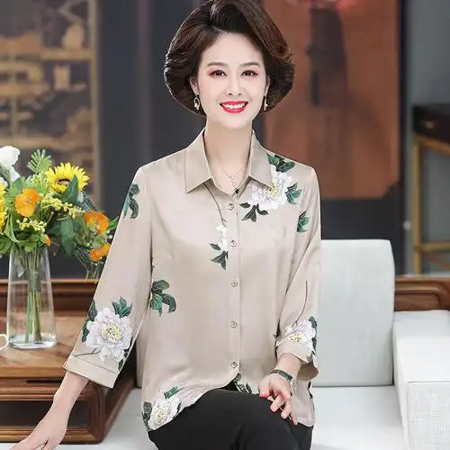 妈妈衬衫女中老年人春夏季长袖仿真丝衬衣老太太套装奶奶洋气上衣