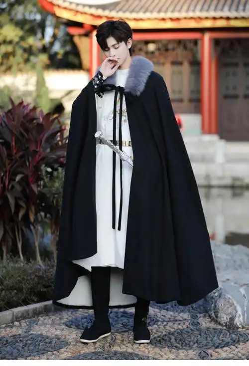 黑色加绒加厚斗篷日常侠客中长款古风外套黑色仅披风均码长度125cm