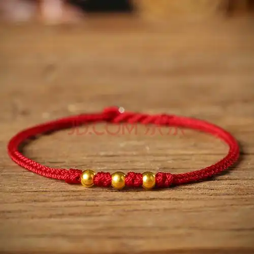 手绳本命年红绳手链女情侣手绳黄金转运珠手链情侣脚链 红色三颗金珠