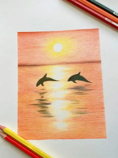 彩铅画风景黄昏落日余晖