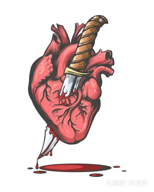 插画 流血的人的心脏被刺青风格的刀刺穿. 矢量图.eps