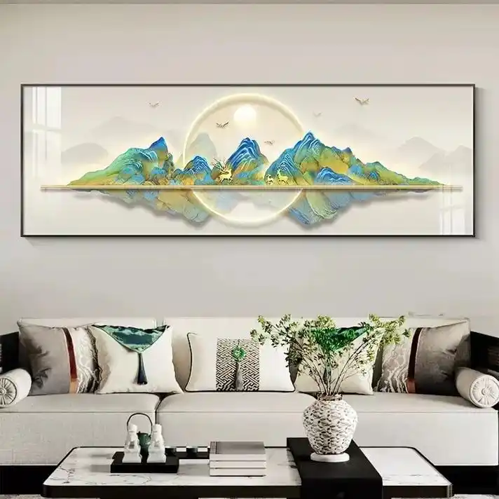 客厅装饰画新中式山水画挂画沙发背景墙壁画横版大幅千里江山图# - 抖