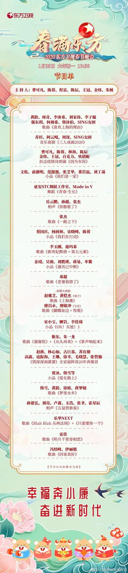 2020东方卫视春晚主持人嘉宾阵容节目单完整版直播时间地址