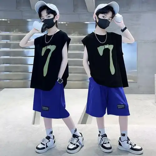 男童无袖套装夏装帅气潮儿童夏季薄款衣服7到8九十一岁男孩两件套