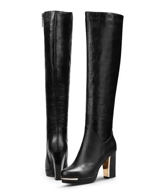 【保暖绒里】香阁儿女款黑色欧美金属装饰高跟长筒靴