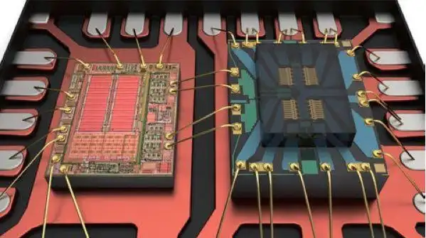 图2,驱动器ic(左)和mems开关芯片(右)安装并线焊在金属引线框架上