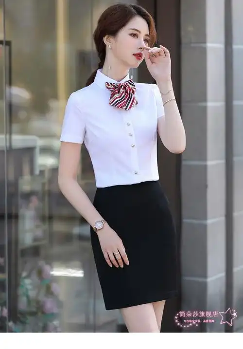 高端商务酒店前台工作服夏装职业白衬衫女装衬衣餐厅服务员工装套裙