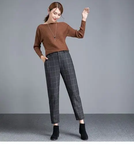 2017秋冬新款女士格子哈伦裤羊毛呢子高腰裤九分裤女裤宽松西裤子-t