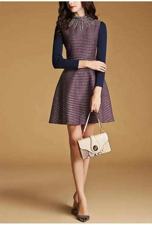 卓图女装时尚立领钉珠撞色拼接欧美大码a字裙2018春季新款连衣裙