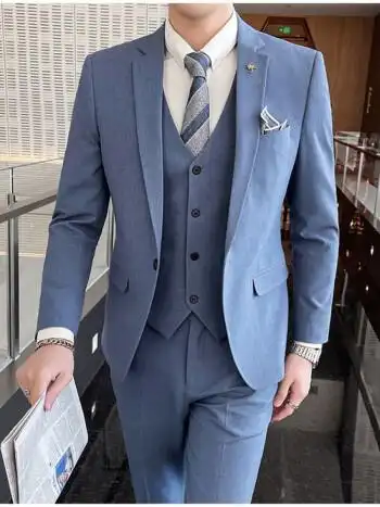 西装职业正装伴郎服装新郎结婚礼服 一扣浅蓝色【西服 西裤】领带