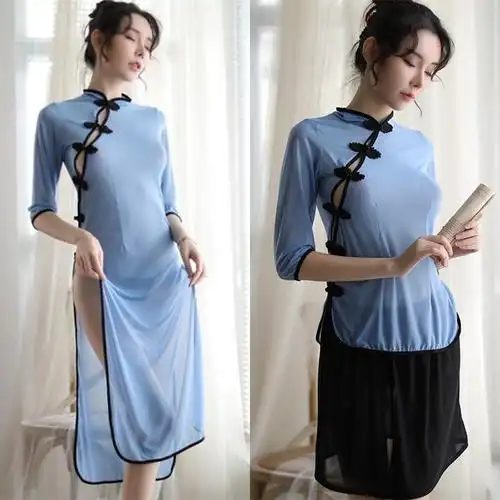 超短裙透明夜色行小短裙无内学生旗袍连衣裙民国风裙子透明网纱超短裙