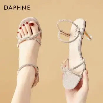 达芙妮露趾细高跟凉鞋2022年女夏新款一字带高跟鞋知性粉色38