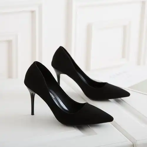 淘宝新款细跟尖头高跟鞋绒面舒适女