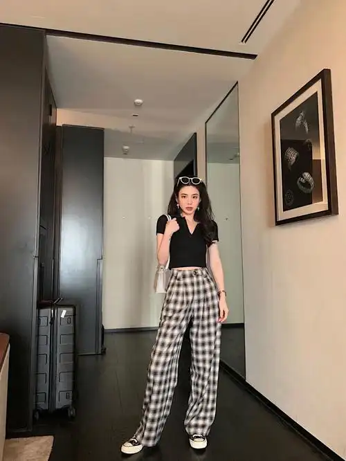 夏日新品 黑白格子休闲阔腿裤-搭配情报站