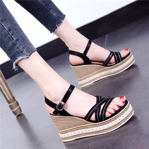 坡跟厚底鞋女2021新款夏季百搭交叉细带高跟草编凉鞋女松糕罗马鞋