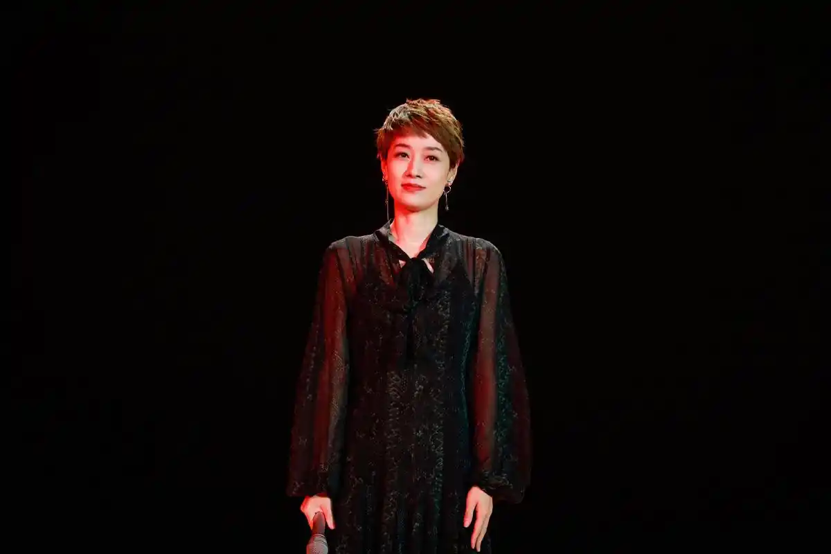 马伊琍一袭墨绿色蕾丝长裙搭配淡粉色尖头高跟鞋出席《我和我的祖国》