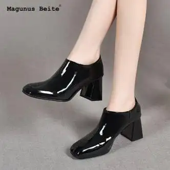 magunusbeite秋季方头粗跟深口单鞋女漆皮高跟鞋真皮女鞋春秋中跟皮鞋