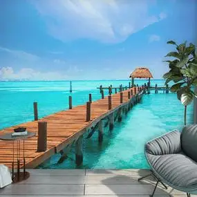 3d立体餐厅墙纸海景酒店沙发背景壁纸延伸空间壁画大海风景墙布
