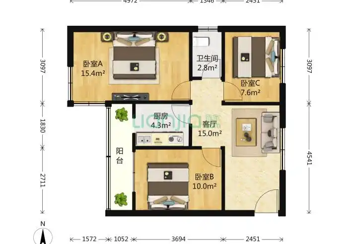 二里庄小区3室1厅1卫80平米装修案例-二里庄小区-一起装修网