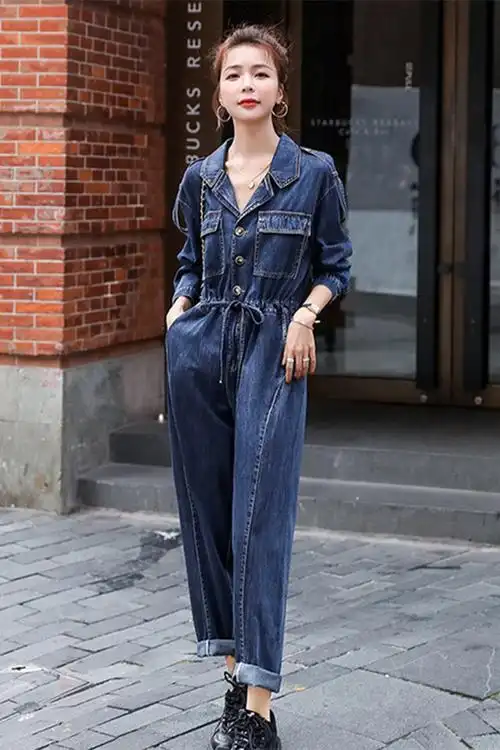 系带牛仔连体裤女2021春季新款工装大码bf休闲七分袖牛仔裤