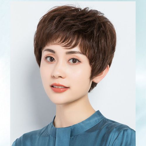 假发女短发真人发丝中老年假发女全头套时尚短发微卷纹理女士短发