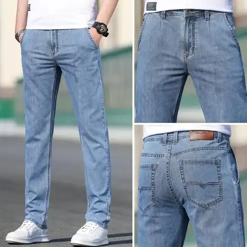 gm男装夏季新款男式牛仔裤冰丝薄款弹力男款男裤子直筒休闲裤男