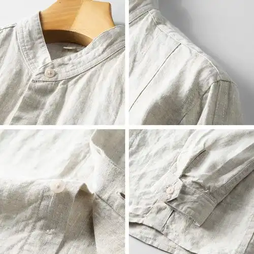 2023春夏立领亚麻衬衫男长袖青年宽松休闲薄款衬衣复古麻料上衣潮