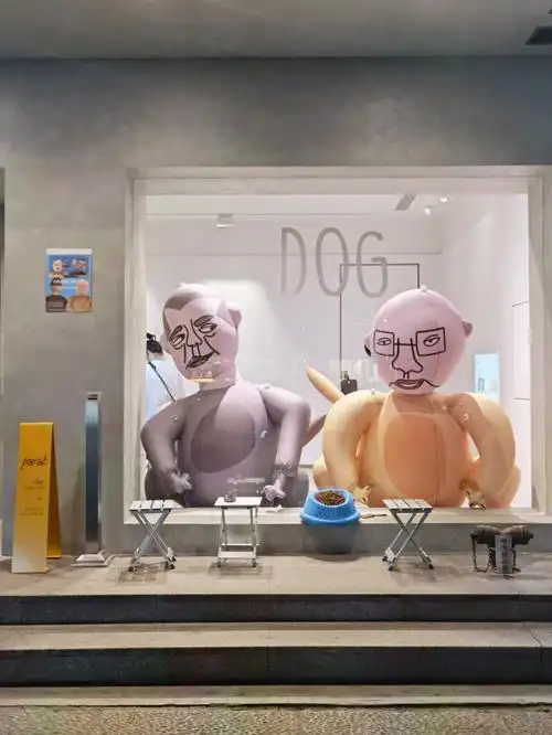 恶搞般的陈列在橱窗里前面还有一盘狗粮艺术家汤太咸将其取名为dog