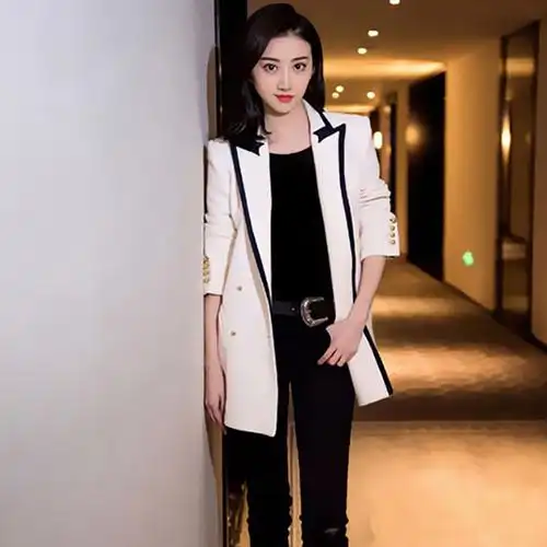 景甜明星同款2022春季白色小西装中长款修身英伦风西服外套女
