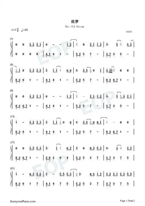 故梦-c调简单版-钢琴谱文件(五线谱,双手简谱,数字谱,midi,pdf)免费