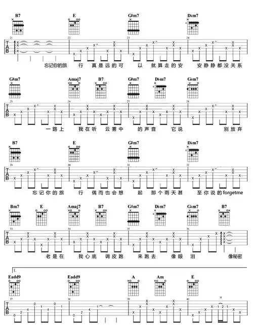 旅行中忘记吉他谱袁娅维e调六线谱吉他弹唱演示教学