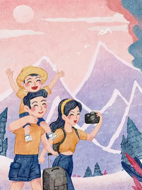 水彩手绘风格一家三口亲子游旅行看风景插画