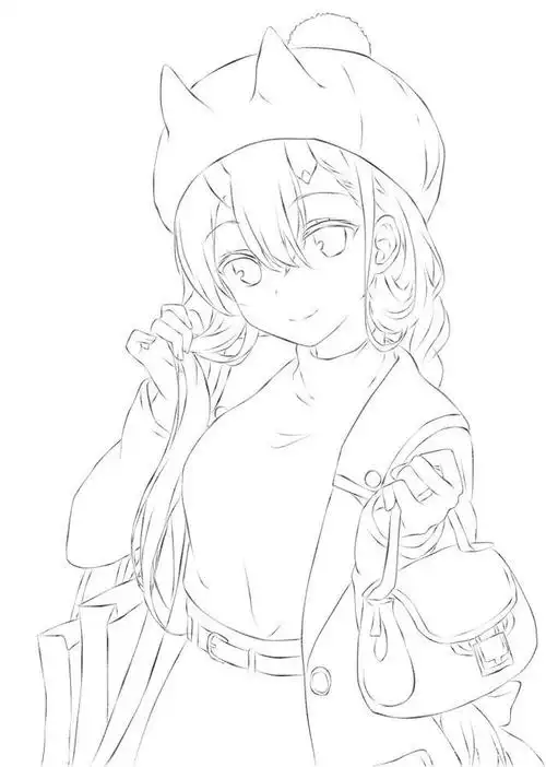 二次元动漫女生涂色线稿