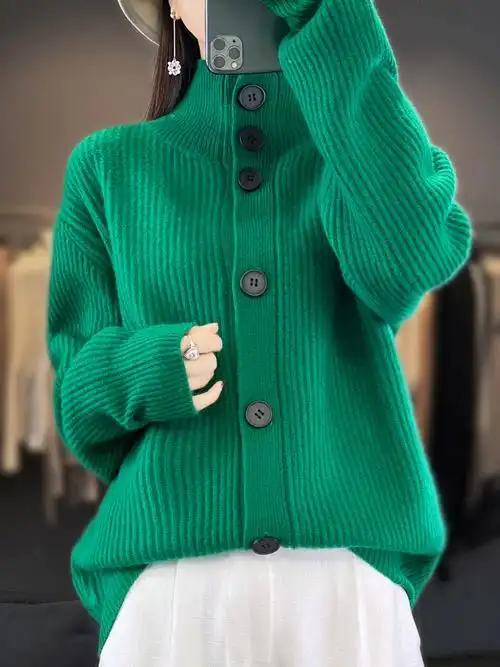 100纯山羊绒衫高领开衫女加厚立领外套宽松慵懒风羊毛衫针织毛衣