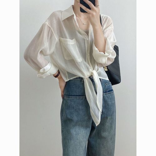 下摆打结系带天丝衬衫女夏薄款防晒宽松长袖衬衣短款空调外搭上衣【5