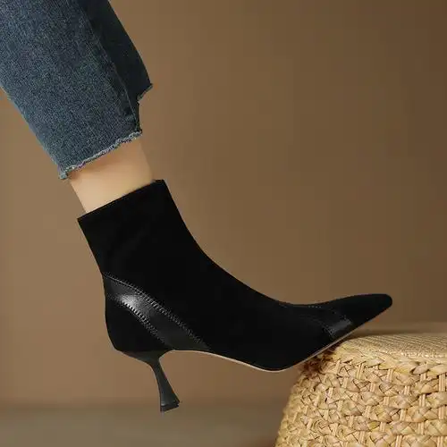 秋冬新款韩版简约羊反皮尖头气质高跟短靴时尚细跟侧拉链女鞋皮靴