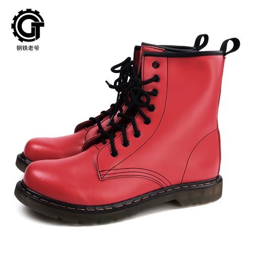 钢铁老爷新款红色靴子真皮软皮平底绑带男女款短靴子英伦风百搭鞋