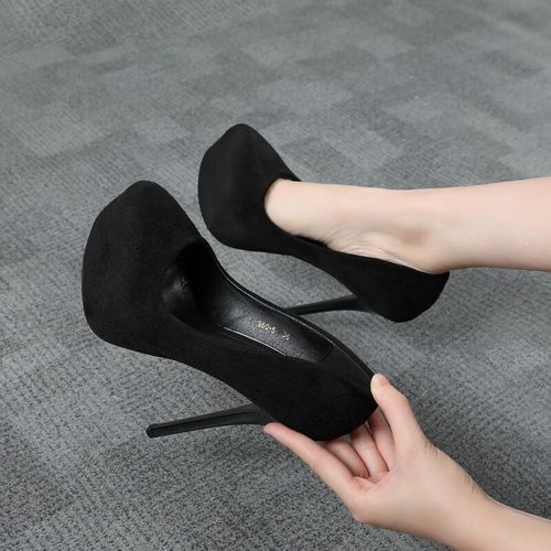 成人高跟小码单鞋女14cm超防水台圆头绒面夜店性感公主女鞋 黑色14cm