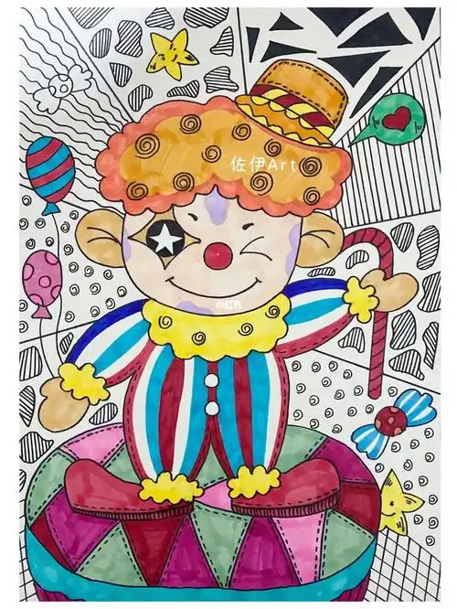 黑白线描  #儿童创意美术  #创意儿童画  #小丑  #画室日常